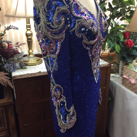 SOLD ... More Pics of Glitzy Silk Blue Sequin Gown - Picture 2 of 8